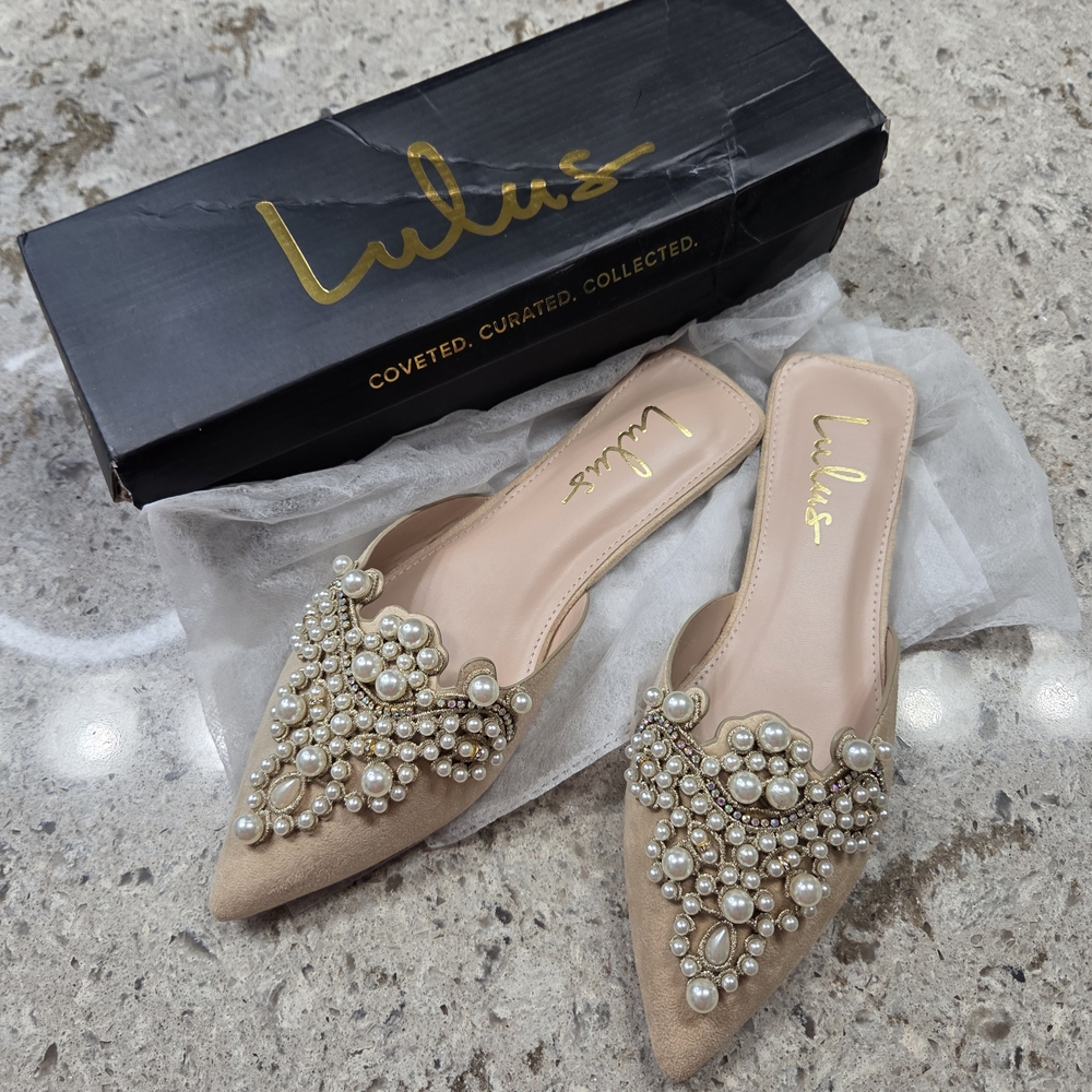 Lulu's Beige Pearl Embellished Mules